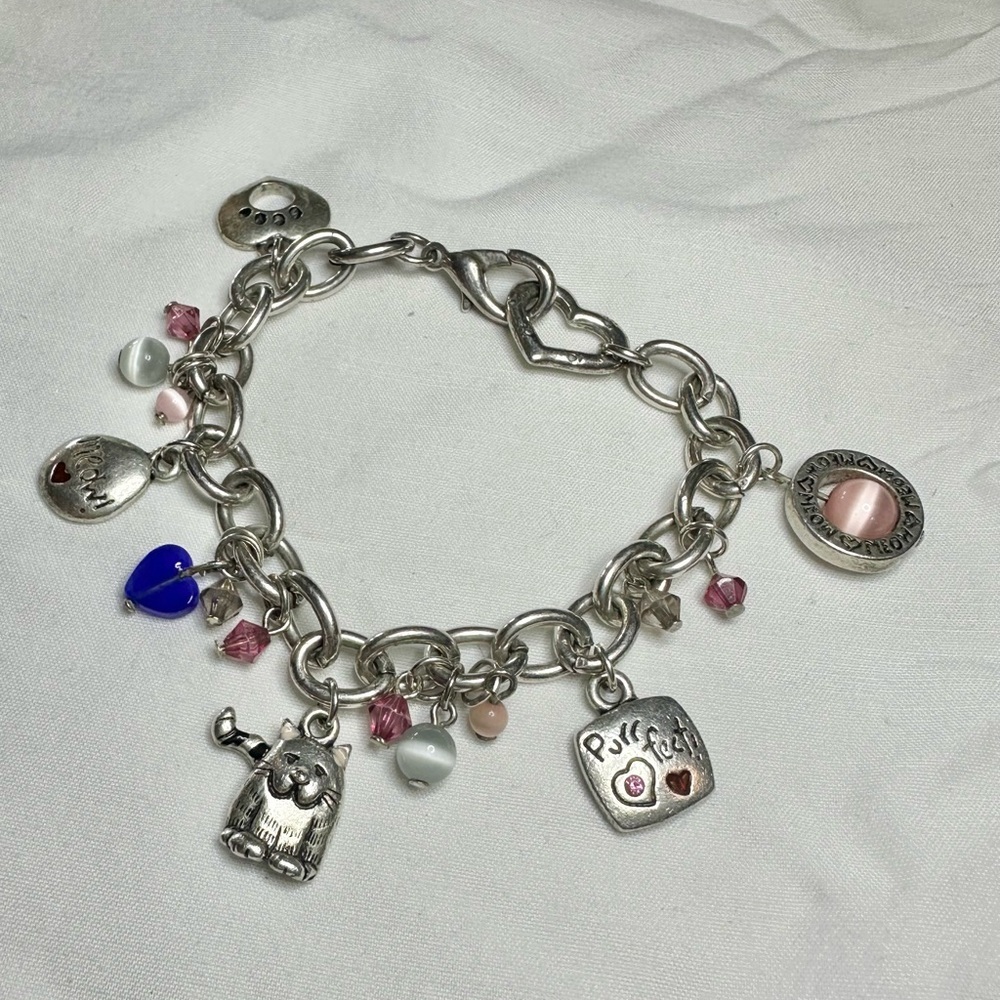 Silver Charm Bracelet with Pink and Blue Accents